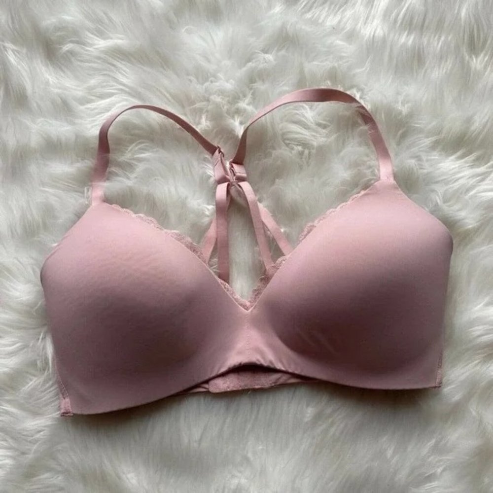 💖3/$20 Aerie Bra Size 36C White Wireless Padded Adjustable Clasp Back Bra Pink